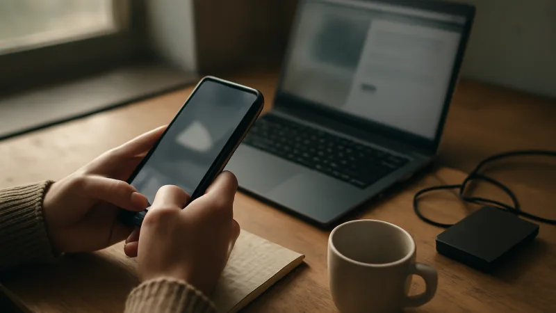 Geç öğleden sonra evde bir çalışma masasının yanında, sadece elleri görünen bir kişi telefon ve laptopla uğraşırken bulut depoyla ilgili belirsiz bir uyarıyı çağrıştıran, okunmayan ekranlar içeren gerçekçi bir an fotoğrafı.